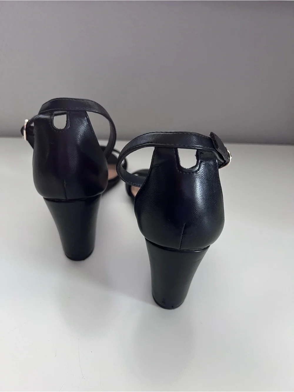 Kelly & Katie Black Leather Wedge Sandals with Ankle Strap